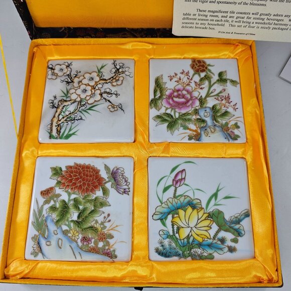 Yi Lin Arts & Treasures Ceramic Tile Coasters Flowers Of The Seasons Brocade Box - Picture 6 of 8